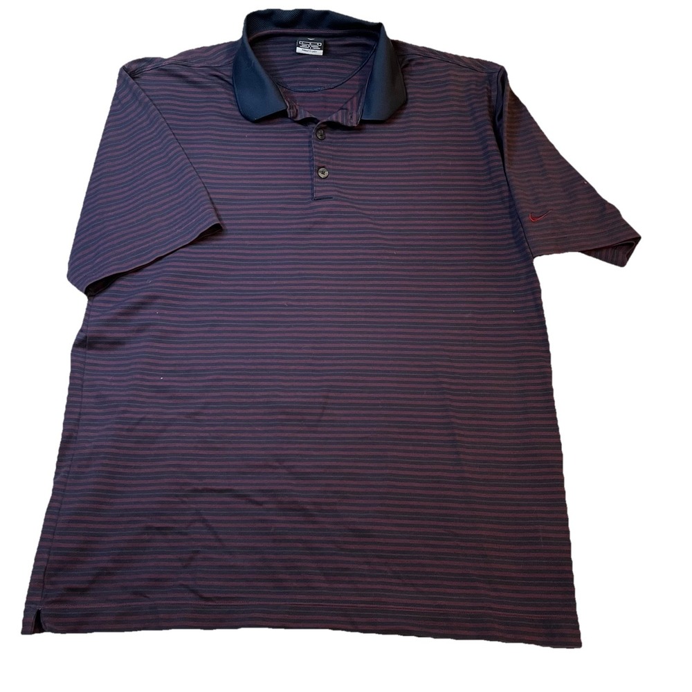 Nike Golf Mens Large FIT DRY Striped Polo Shirt Navy Burgundy Short Sleeve L